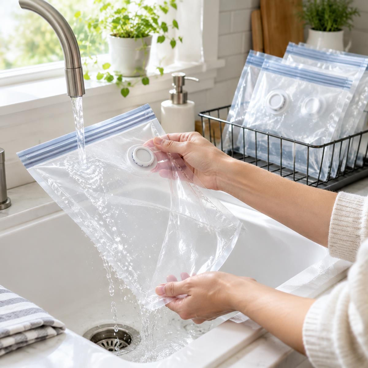 FreshyVac reusable bags being washed and prepared for reuse
