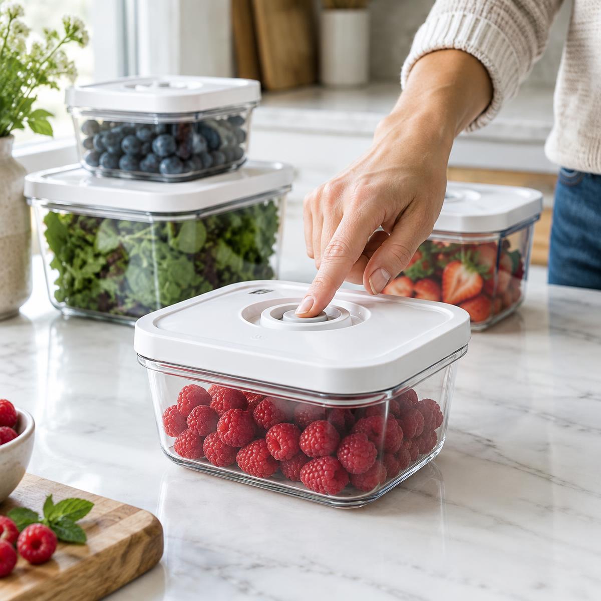 A refrigerator organised with FreshyVac vacuum containers