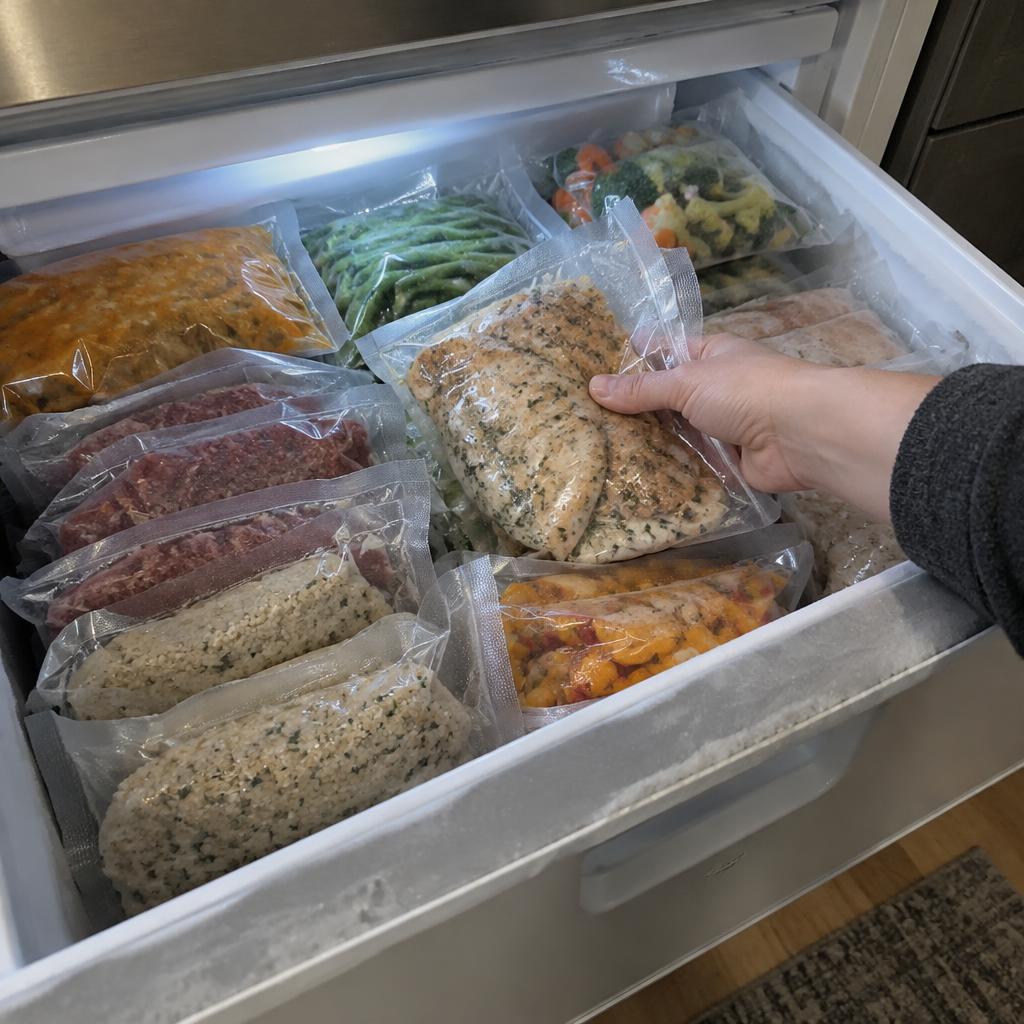 AI-generated kitchen scene: FreshyVac Reusable Bags storage routine