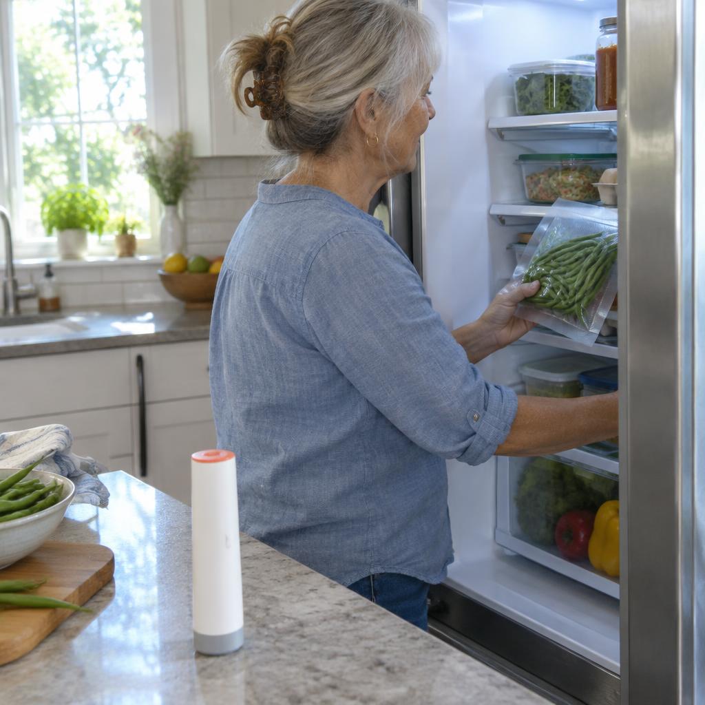 AI-generated kitchen scene: FreshyVac Reusable Bags storage routine