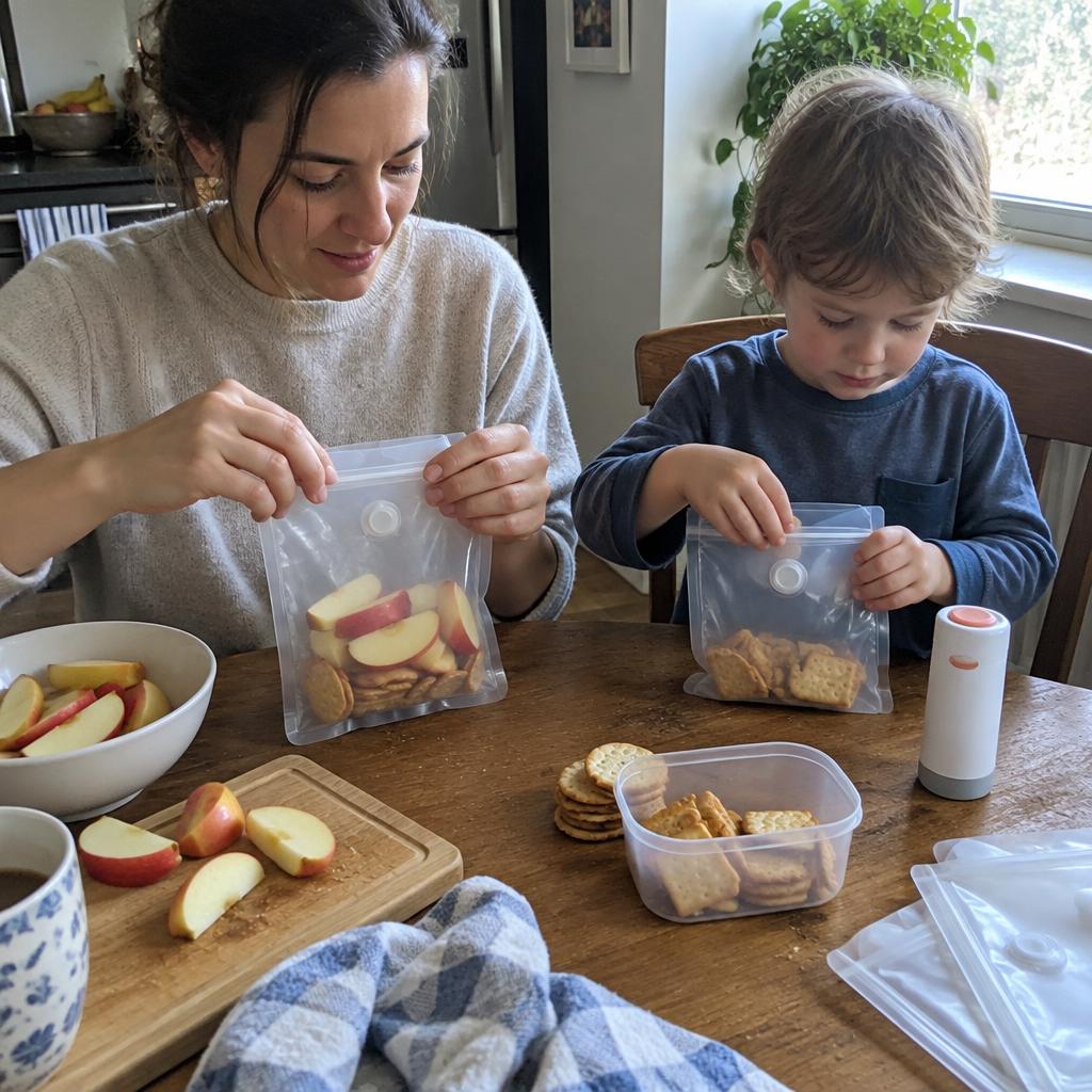 AI-generated kitchen scene: FreshyVac Reusable Bags storage routine