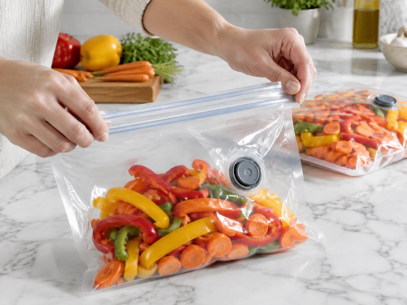 FreshyVac reusable vacuum bag filled with fresh food and being sealed