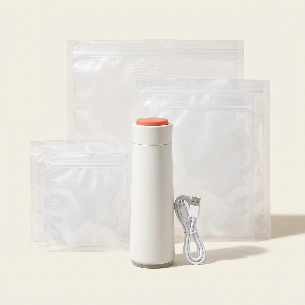 FreshyVac compact sealer, reusable bags, and charging cable