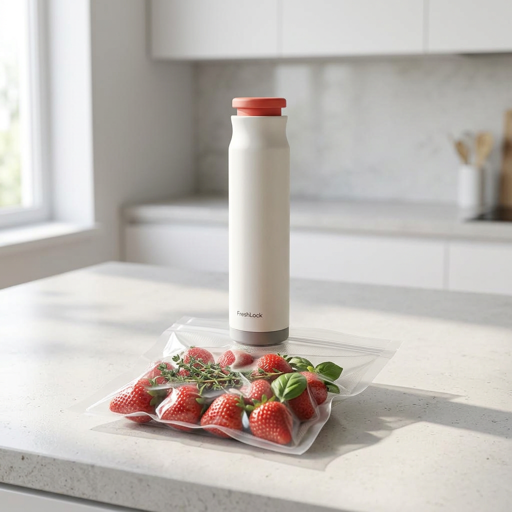 FreshyVac compact sealer vacuum sealing fresh strawberries in a bright kitchen
