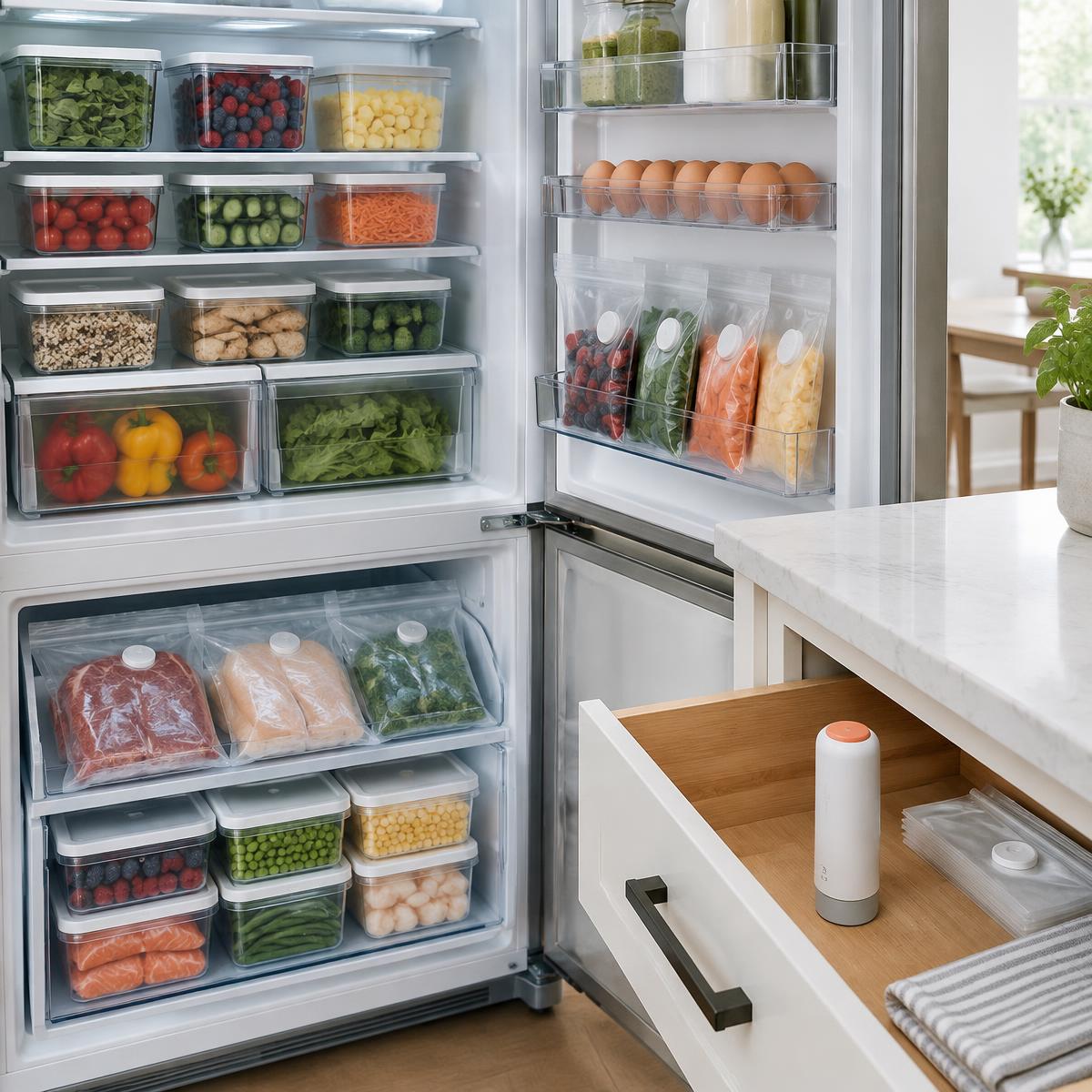 An organized refrigerator and drawer using the complete FreshyVac system